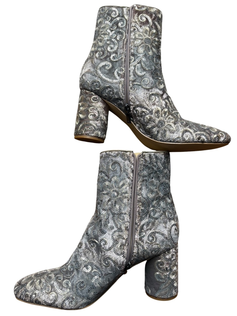 Marc Fisher LTD Galella Brocade Sequin Ankle Booties Taupe Silver Size 10 NWOT